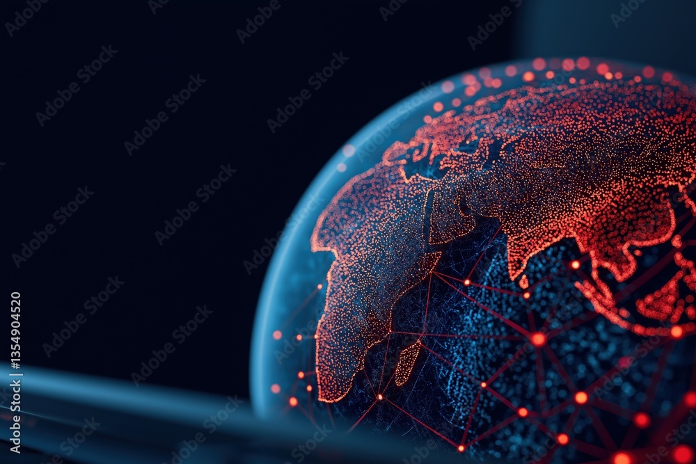 Poster Digital Globe on Laptop Screen Showing Global Connection with Network Nodes and Lines