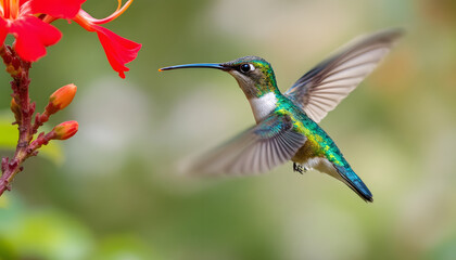 Naklejka premium Hummingbird in Flight near Red Flower