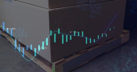 Stock market data animation over stacked cardboard boxes on wooden pallet - Powered by Adobe