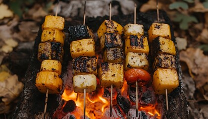 Colorful Vegetable Kebabs Grilling Outdoors.