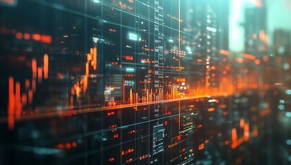 Close-up of digital graphs and charts showing C, with an out-of-focus background featuring high-voltage towers and city lights.