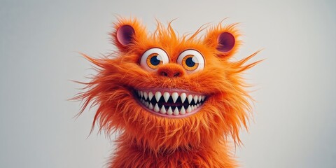 Fototapeta premium Cheerful furry orange monster with big eyes and sharp teeth in playful digital art style