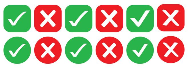 Green check mark and red cross mark in circle. Check mark and cross mark icons. tick and cross symbol. Check mark icon button set. Check box icon with right and wrong buttons and yes or no checkmark .