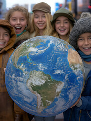 Diverse Group of Young Friends Holding a Globe Outdoors—Symbolizing Unity, Positivity, and Global Awareness,