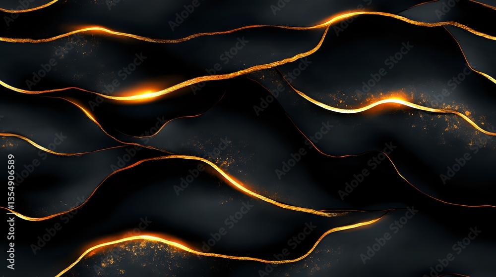 Poster luxurious dark waves with glowing golden lines creating abstract modern pattern. dynamic flowing cur