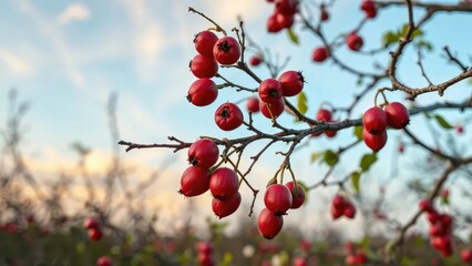 Thorny branches with crimson dried rose hips, against a soft spring sky, blossoming, garden