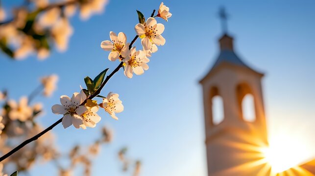 Blooming cherry tree branch with delicate pink flowers against blue sky and church bell tower silhouette at sunset, sun rays creating magical spring atmosphere. - Powered by Adobe