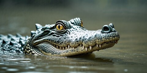 A close up of a crocodile's head in the water.