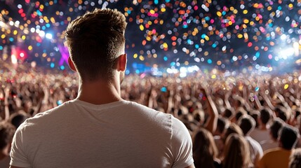 Fototapeta premium Man at Concert Enjoying Confetti Show with Audience and Stage Lights Entertainment