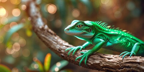 Fototapeta premium Discover the Enigmatic Charm of a Colorful Lizard Perched on a Branch in its Natural Habitat.