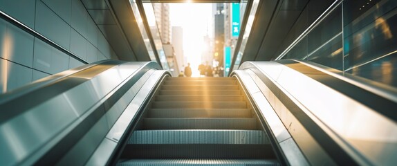Fototapeta premium Entrance of escalator at subway station with sunlight Future concepts vertical