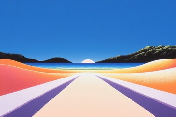 Vibrant sunset over serene beach with rolling hills and clear sky