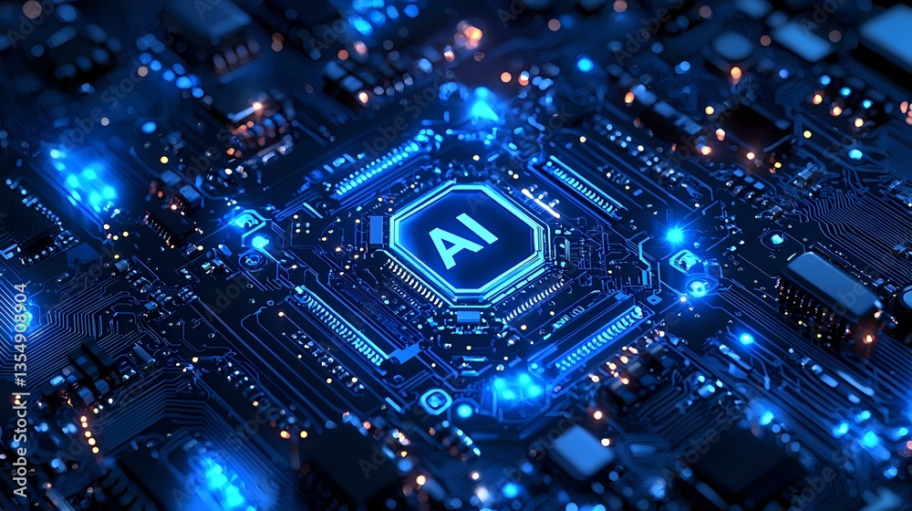 Poster glowing ai processor on circuit board with blue light effects and digital connections, representing 