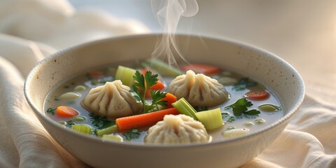 Delicious Bowl of Hearty Soup with Dumplings and Fresh Vegetables.