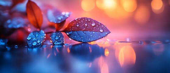 Dew-kissed leaves reflect night lights