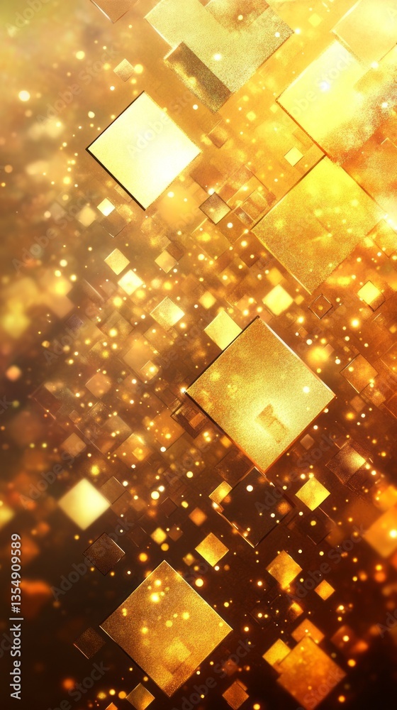 Poster dynamic abstract composition features luminous golden squares and shimmering patterns that captivate