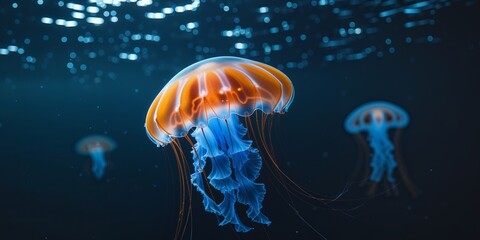 Fototapeta premium Stunning Orange and Blue Jellyfish Gliding Gracefully Through Dark Ocean Waters