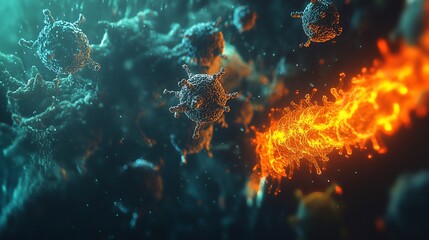 Obraz premium Microscopic Battle: Viruses and Antibodies Clash in a Fiery Digital Depiction