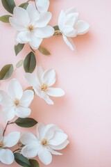 Fototapeta premium Delicate Magnolia Display: A refined arrangement of radiant magnolia blossoms, perfectly complementing the subtle softness of the light background. Each bloom, with its pristine white petals.