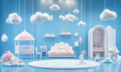 Cute baby girl's room with pastel colors and cloud decor.
