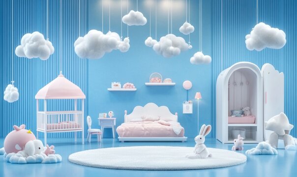 Cute baby girl's room with pastel colors and cloud decor.