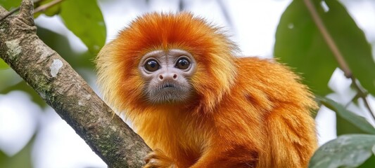 Obraz premium A golden monkey is perched among leafy branches and trees