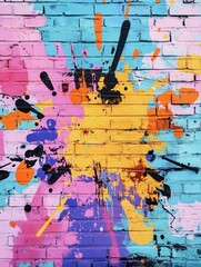 Fototapeta premium Pop art comic street graffiti with vibrant colorful splash on brick wall. Dirty wall background poster. Copy paste area for text and brand.