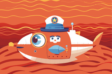 A vintage cartoon fish, wearing a captain's hat, gleefully pilots a tiny, whimsical submarine through coral reefs.