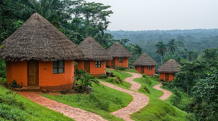 Fototapeta premium Traditional African huts nestled in a lush forest