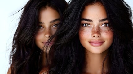 Fototapeta premium Young women with dark wavy hair, freckles and natural makeup smiling at camera against white background. Diverse beauty portrait showing authentic features.