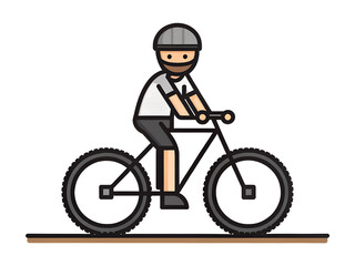Fototapeta premium The illustration features a cheerful male cyclist riding a bicycle along a pathway. Dressed in a casual outfit with a helmet, he enjoys a sunny day. The bike has thick tires, and a simple 