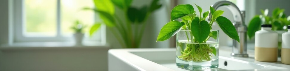 Potted Pothos in square glass vase on bathroom sink, hygiene, greenery, air purification