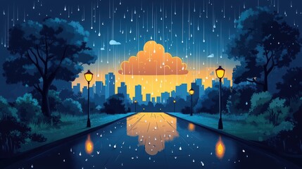 Cityscape under a celestial rainy atmosphere with glowing reflections