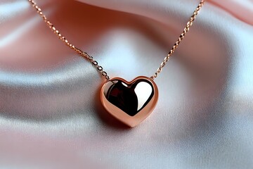Rose gold heart pendant necklace on delicate chain against soft pink silk background, elegant jewelry piece with polished metallic finish and romantic design.