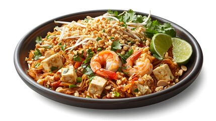 Delicious pad thai with shrimp, tofu, and fresh garnishes served on a black plate, perfect for culinary presentations.