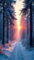 Misted forest at dawn with frosty mist and snow-covered trees, winter, frost, morning