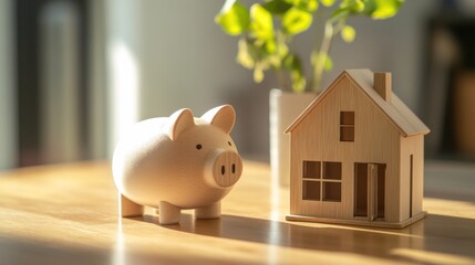 Wooden piggy bank and house model on a table, representing saving for a home