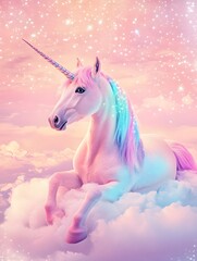 A magical unicorn resting on a fluffy cloud in a dreamy fantasy sky.