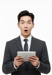 handsome young man holding tablet with shocked face wearing office clothes . working as office worker