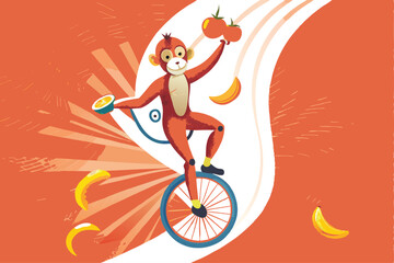A retro-styled cartoon monkey, wearing a jaunty hat, expertly juggling ripe bananas while riding a unicycle.  Bright, vibrant colors.