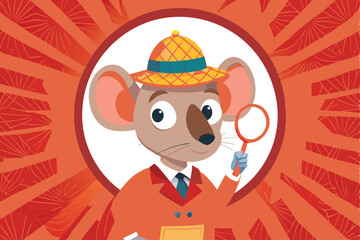 A vintage cartoon mouse, wearing a fedora, trench coat, and magnifying glass, solving a mystery.