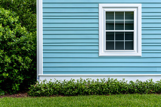 pale turquoise vinyl siding with white window casings on traditional home featuring trimmed green lawn