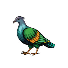 A richly detailed illustration of a Nicobar pigeon, showcasing its iridescent plumage, powerful beak, and distinctive long tail feathers.  Depict it perched on a tropical branch.