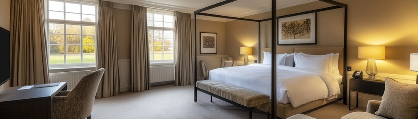 A luxurious bedroom is displaying elegant design and comfortable furnishings