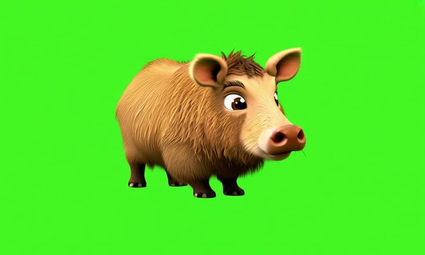 cute animation of wild boar, isolated on a green screen background