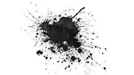 Black ink blot with artistic splatter effect, isolated on a white background