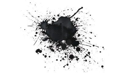 Black ink blot with artistic splatter effect, isolated on a white background