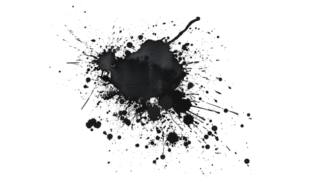 Black ink blot with artistic splatter effect, isolated on a white background