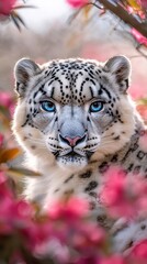 Fototapeta premium A captivating close-up of a snow leopard with striking blue eyes, nestled among vibrant pink blossoms, creating a dramatic and enchanting wildlife portrait.. AI Generation
