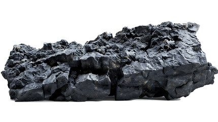 Dark volcanic rock with porous texture and jagged edges, isolated on a white background